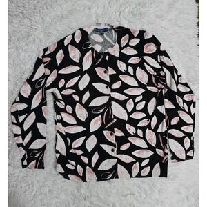 Karen Scott Pink Leaf Print Button Up Cardigan Size Medium Black Casual Workwear